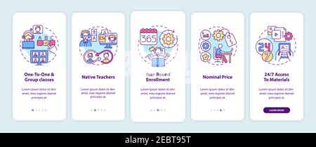 Online language courses benefits onboarding mobile app page screen with concepts Stock Vector