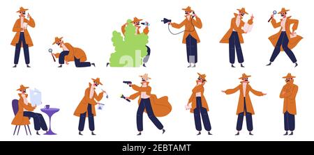 Private detective. Crime investigation detective inspector, spy male character evidence detect. Detective at work vector illustration set Stock Vector