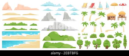 Beach landscape elements. Nature beach, clouds, hills, mountains, trees and palms. Outdoor tropical beach landscape constructor vector illustration Stock Vector