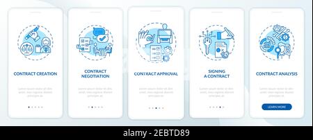 Contract lifecycle steps onboarding mobile app page screen with concepts Stock Vector