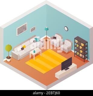Living room isometric interior with cartoon style decorations stuff and furniture carpet tv set lounge furniture vector illustration Stock Vector