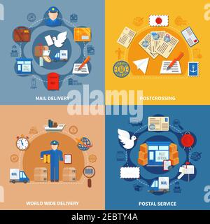 Colorful compositions in flat style including postal service world wide mail delivery and postcrossing isolated vector illustration Stock Vector
