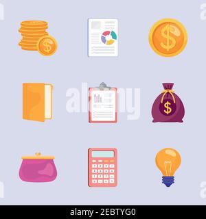 bundle of nine savings management set icons Stock Vector