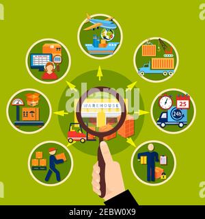 Warehouse magnifier composition with little round icon set around searcher with magnifier vector illustration Stock Vector