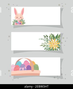 frames with one cute pink bunny, yellow flower and one basket full of easter eggs Stock Vector
