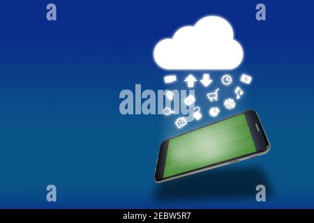 Modern smartphone concept of mobile online banking, shopping, digital marketing, networking. Uploading, downloading icons concept of cloud computing, Stock Photo