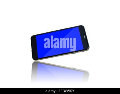 Modern black smartphone with blank blue screen isolated on white background with reflections. Stock Photo