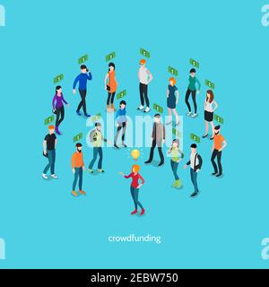 Crowdfunding isometric concept with group of people and creative person involving in business project vector illustration Stock Vector