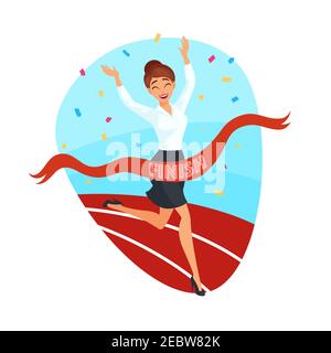 Business victory concept with happy businesswoman crossing finish line in flat style isolated vector illustration Stock Vector