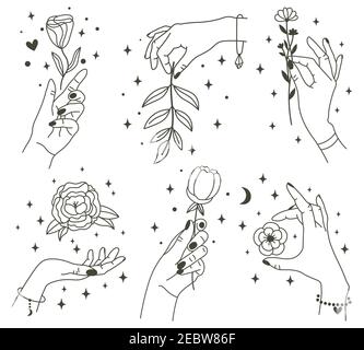 Magic hands holding flowers, magic ball, sun, clock and butterfly  Minimalist hands and flowers, abstract hand drawn flower symbols. A set of  vector illustrations of modern magic elements. Flat vector Stock Vector