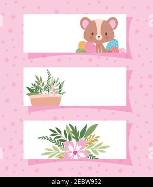 frames with one cute bear and one basket full of plants Stock Vector