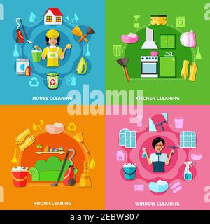 Four colorful square backgrounds with image compositions of cleaning facilities washing agents characters doodle style icons vector illustration Stock Vector