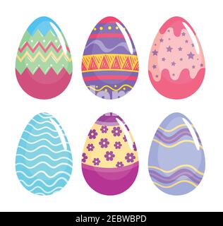 happy easter six eggs painted set icons Stock Vector
