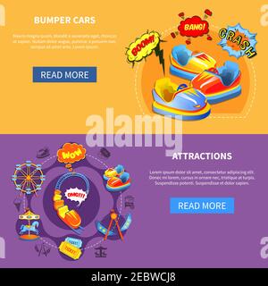 Bumper cars and attractions horizontal banners website design abstract isolated vector illustration Stock Vector