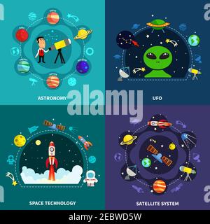 Space exploration concept icons set with astronomy and UFO symbols flat isolated vector illustration Stock Vector