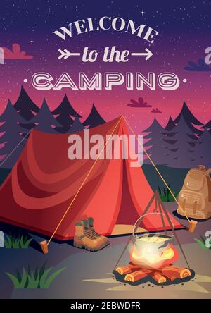 Camping vertical background poster with cartoon style composition shelter tent campfire at the set of sun vector illustration Stock Vector