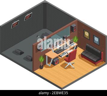 Music studio isometric interior composition with drum kit sound box and ...