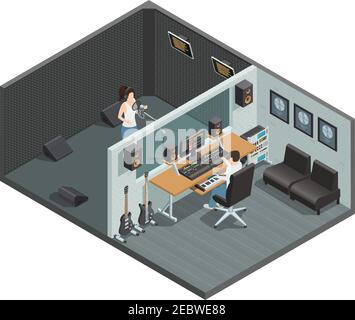 Music production studio room isometric interior with sound engineer and ...