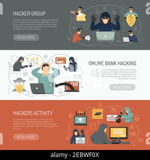 Three colored flat hacker horizontal banner set with hacker group online bank hacking hackers activity descriptions vector illustration Stock Vector