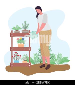 woman with sprinkler and houseplants in shelf gardening activity Stock Vector