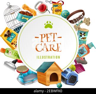 Pet care supply accessories and products decorative round frame composition with kennel doghouse and birdcage vector illustration Stock Vector