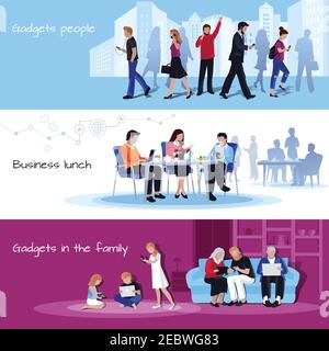 Gadgets in office during business lunch and home  3 flat horizontal banners poster isolated vector illustration Stock Vector
