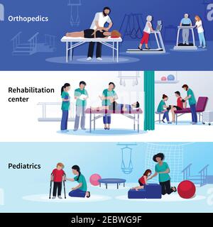 Rehabilitation medical center 3 flat horizontal banners set with orthopedic and pediatric physiotherapy sessions isolated vector illustration Stock Vector