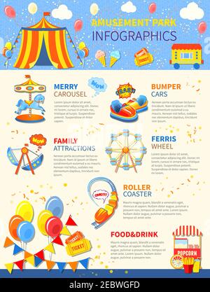 Amusement park infographics layout with carousel and attractions vector illustration Stock Vector