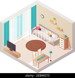 Sitting room isometric interior design composition with cumbersome objects lounge furniture window and books on shelves vector illustration Stock Vector
