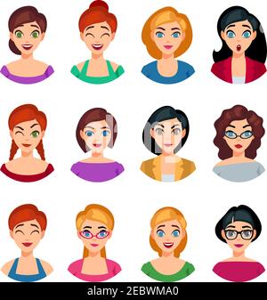 Facial emotions collection of pretty girls with different expressions and feelings isolated vector illustration Stock Vector