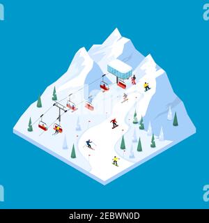Ski lift isometric tiled landscape design with scaled down snowy mountain piste with pennants and skiers vector illustration Stock Vector