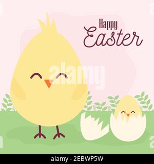 happy easter lettering and one cracked egg with one chick inside of it Stock Vector