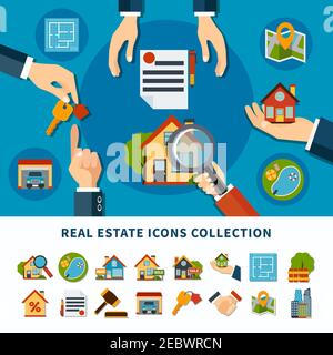 Real estate and property search flat icons collection isolated on white and blue backgrounds vector illustration Stock Vector