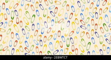 Safety pin bright cartoon seamless pattern. Sewing pins hand drawn tailoring monochrome flat design. Scrapbook, wrapping paper, textile, fabric, wallpaper, tile background vector illustration Stock Vector
