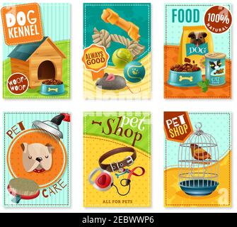 Affordable pet care store advertisement 6 mini banners collection with healthy food and accessories isolated vector illustration Stock Vector