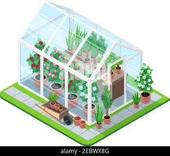 Greenhouse isometric set with plants and garden vegetables isolated elements vector illustration Stock Vector