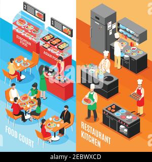 Set of two food court vertical banners with isometric interior compositions of restaurant and kitchen rooms vector illustration Stock Vector