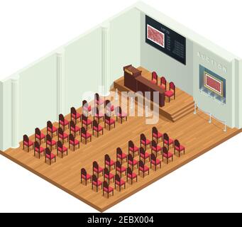 Retro style auction room isometric interior with luxury bidders chairs highlighted pictorial reproductions and auctioneers tribune vector illustration Stock Vector