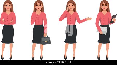 Cartoon woman character in various poses business lady images set with arms folded across her chest vector illustration Stock Vector