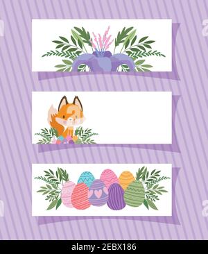 frames with one cute fox, purple flower and easter eggs Stock Vector