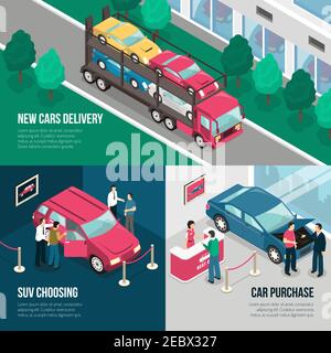 Colored car dealership leasing design concept set with new cars delivery suv choosing car purchase descriptions vector illustration Stock Vector