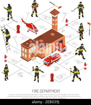 Colored isometric fire department infographic with various situations occurring in fire fighting vector illustration Stock Vector