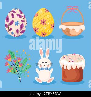 bundle of six happy easter set icons Stock Vector