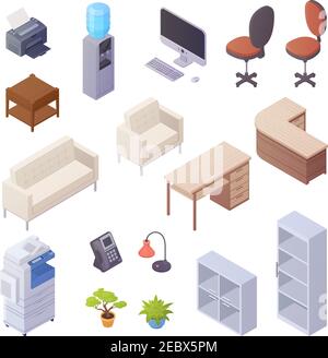 Isolated isometric elements of office interior with desk cooler chairs computer sofa printer book shelves 3d vector illustration Stock Vector