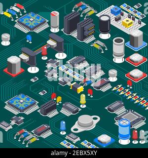Semiconductor electronic circuit board isometric background with electrolytic capacitors processors and various microcomponents installed on backboard Stock Vector