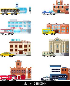 Orthogonal set of city services and buildings including transportation post office police and hospital isolated vector illustration Stock Vector
