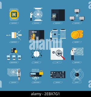 Quantum physics flat decorative icons set of processor logic qubit teleportation atomic structure cryptography symbols isolated vector Illustration Stock Vector