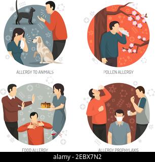 Colored flat and isolated allergic design icon set with allergy to animals pollen and food allergies and prophylaxis descriptions vector illustration Stock Vector