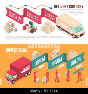 Two horizontal isometric delivery moving banner set with delivery company and movers team descriptions vector illustration Stock Vector