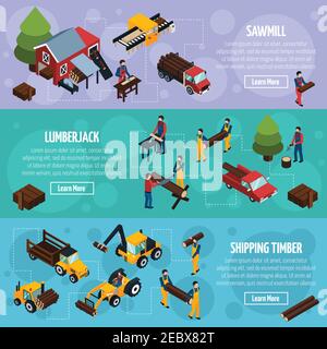 Sawmill isometric horizontal banners with vehicles for timber shipping lumberjacks and tools for felling vector illustration Stock Vector